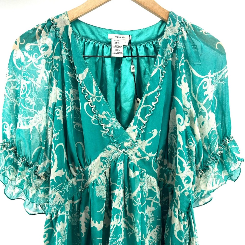 Sophie Max Silk Teal Floral V-Neck Flutter Sleeve Blouse NWT Large Boho Flowy